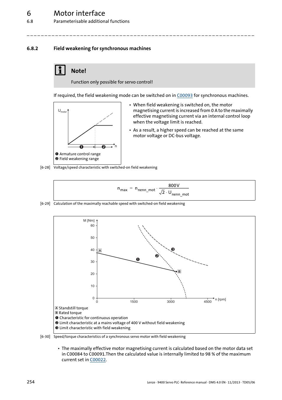2 field weakening for synchronous machines, Field weakening for synchronous machines, Servo control | Field weakening for synchronous machines ( 254), 6motor interface | Lenze E94AxPExxxx User Manual | Page 254 / 976