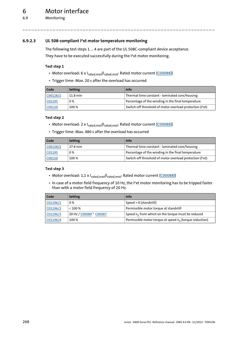 Ul 508-compliant i²xt motor temperature monitoring, 6motor interface | Lenze E94AxPExxxx User Manual | Page 268 / 976