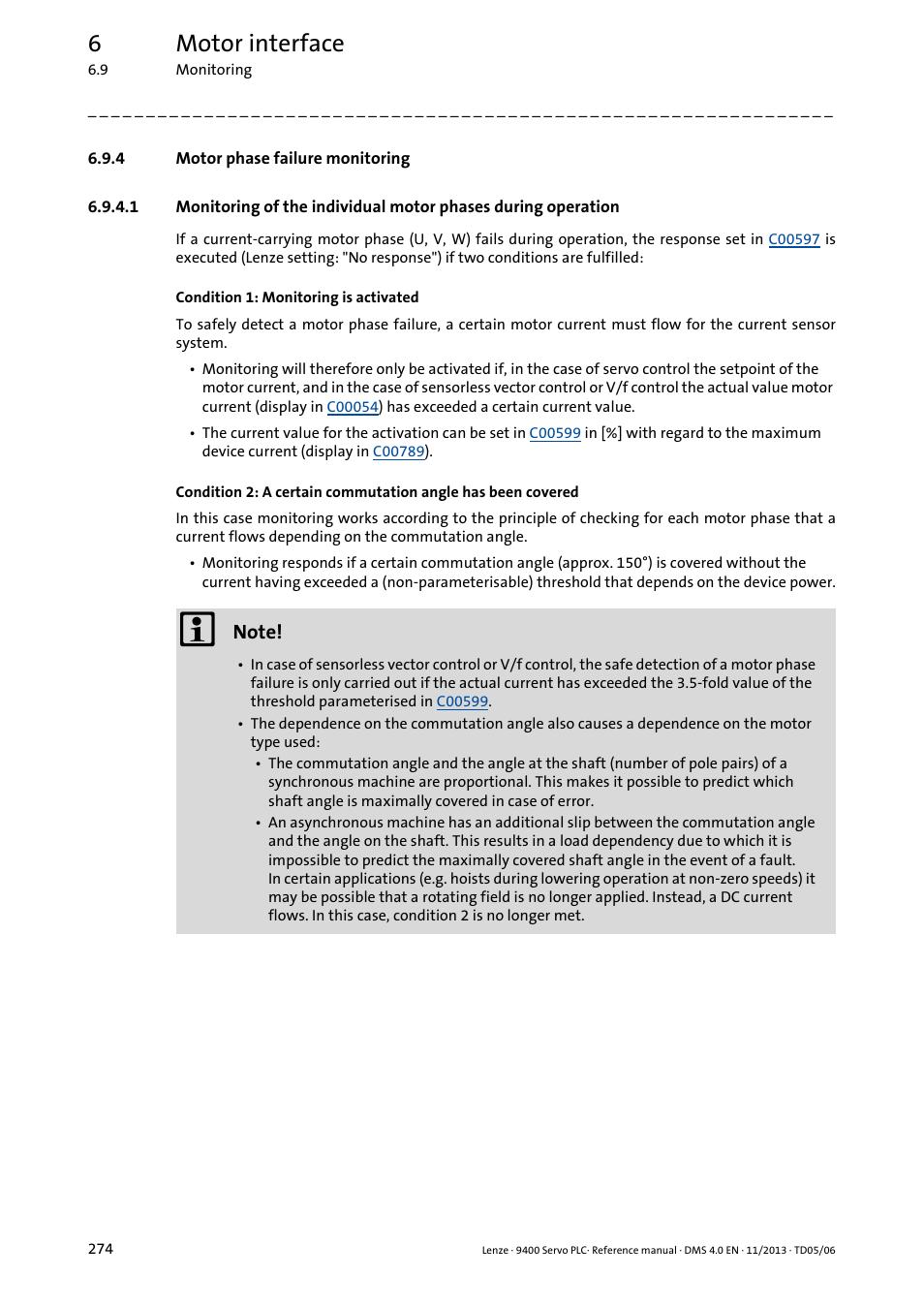 4 motor phase failure monitoring, Motor phase failure monitoring, 6motor interface | Lenze E94AxPExxxx User Manual | Page 274 / 976