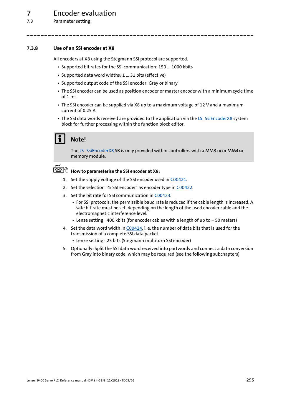 8 use of an ssi encoder at x8, Use of an ssi encoder at x8, 7encoder evaluation | Lenze E94AxPExxxx User Manual | Page 295 / 976