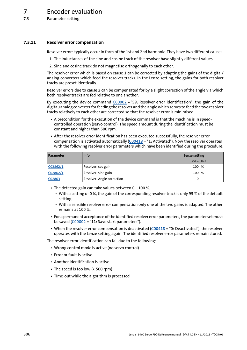 11 resolver error compensation, Resolver error compensation, 7encoder evaluation | Lenze E94AxPExxxx User Manual | Page 306 / 976