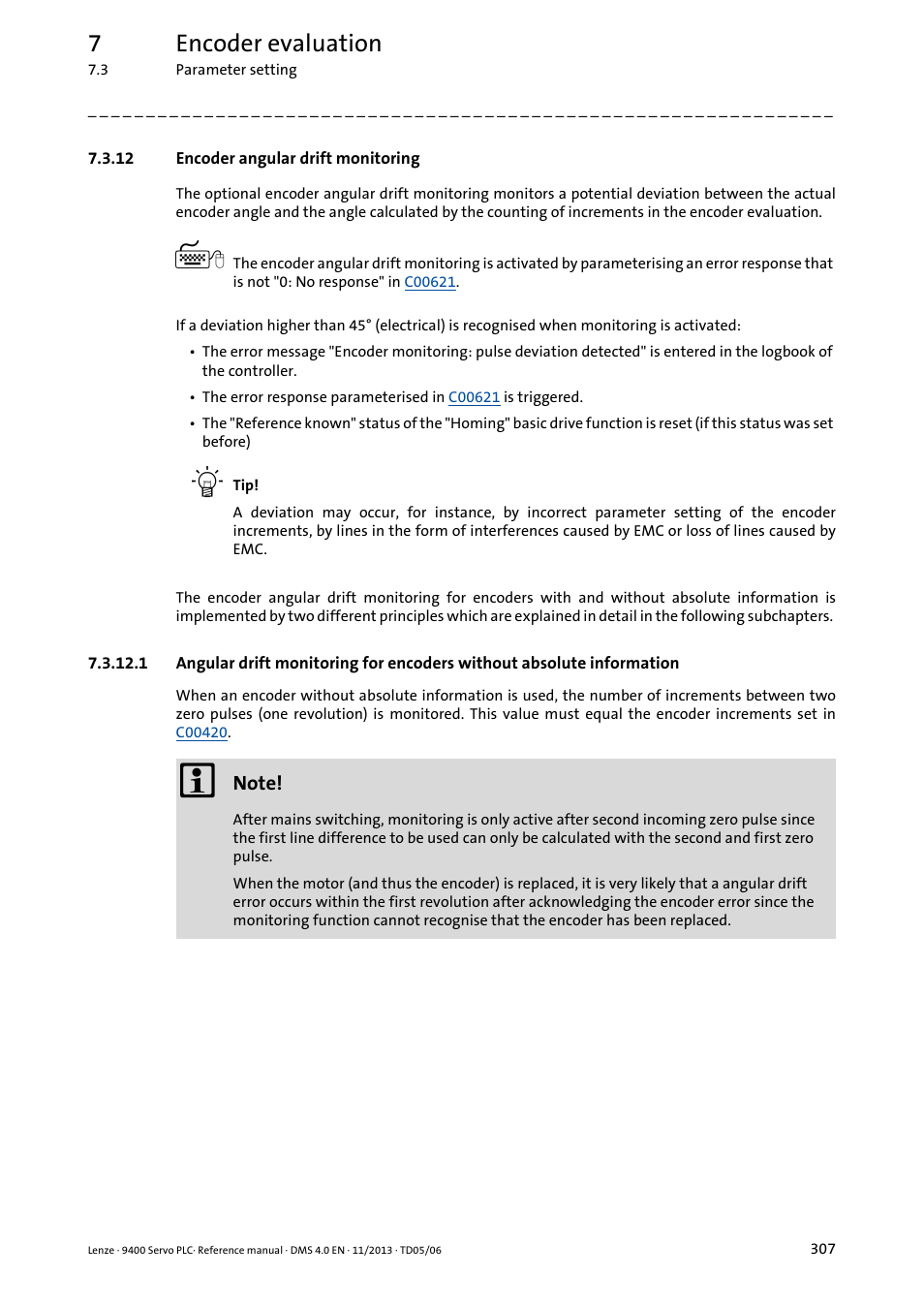 12 encoder angular drift monitoring, Encoder angular drift monitoring, 7encoder evaluation | Lenze E94AxPExxxx User Manual | Page 307 / 976
