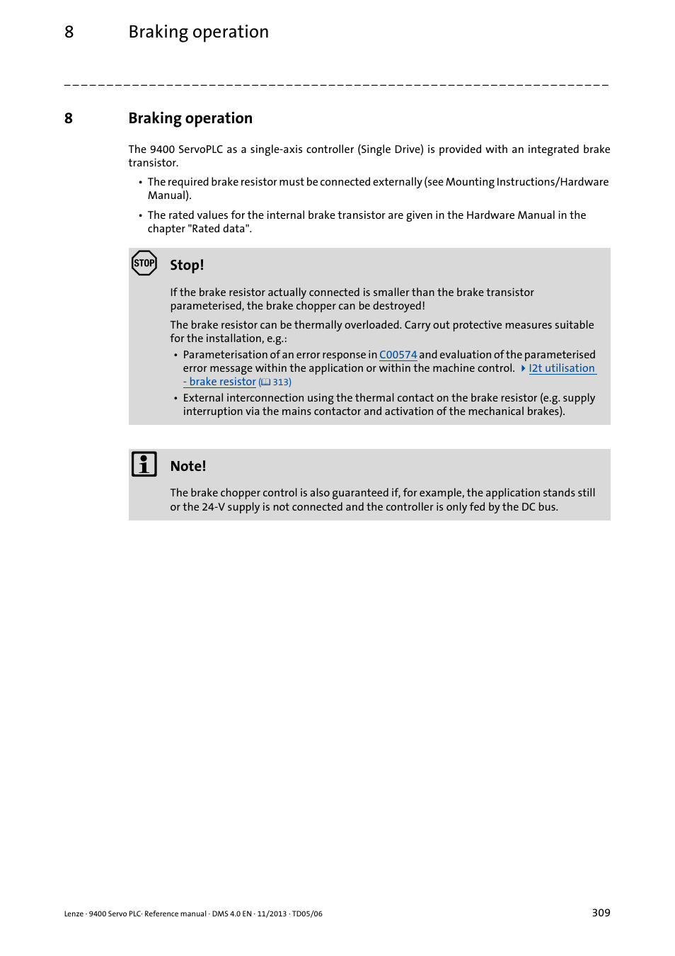 8 braking operation, Braking operation, 8braking operation | Lenze E94AxPExxxx User Manual | Page 309 / 976