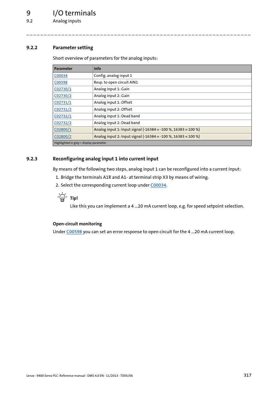 2 parameter setting, 3 reconfiguring analog input 1 into current input, Parameter setting | Reconfiguring analog input 1 into current input, 9i/o terminals | Lenze E94AxPExxxx User Manual | Page 317 / 976