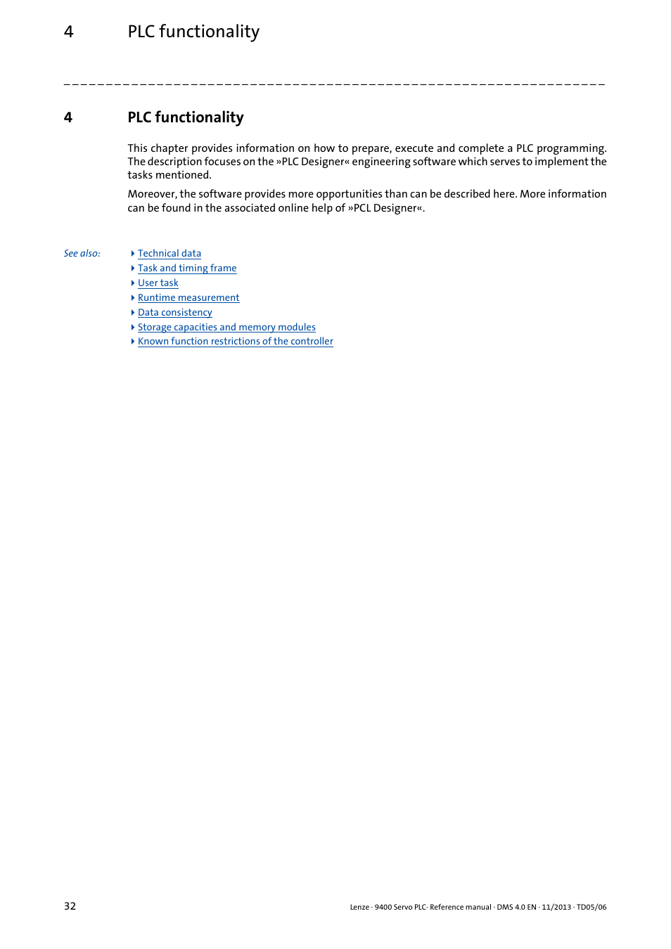 4 plc functionality, Plc functionality, 4plc functionality | Lenze E94AxPExxxx User Manual | Page 32 / 976