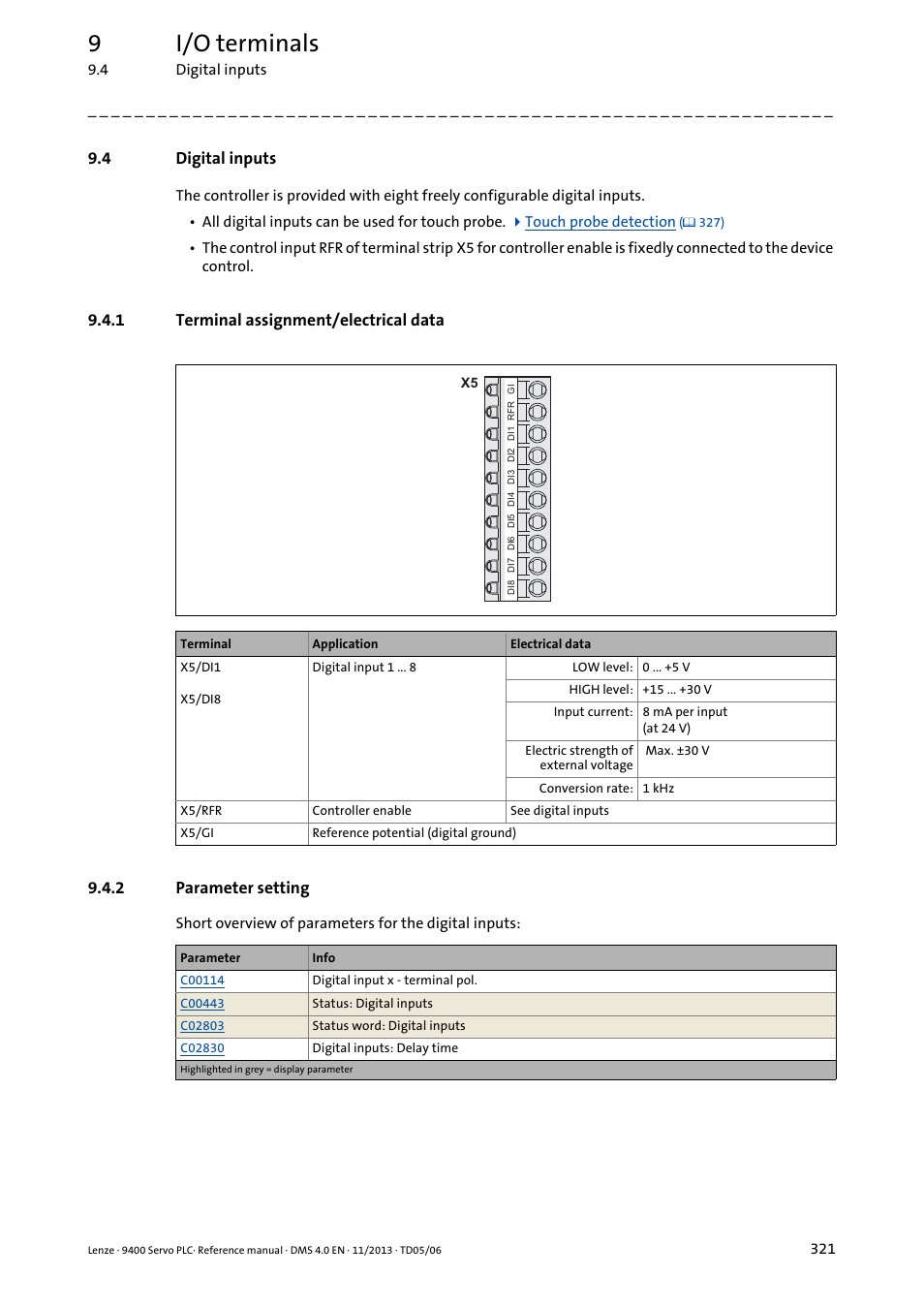 4 digital inputs, 1 terminal assignment/electrical data, 2 parameter setting | Digital inputs, Terminal assignment/electrical data, Parameter setting, Digital inputs ( 321), 9i/o terminals | Lenze E94AxPExxxx User Manual | Page 321 / 976