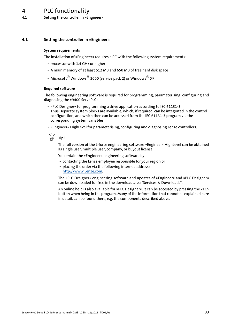 1 setting the controller in »engineer, Setting the controller in »engineer, 4plc functionality | Lenze E94AxPExxxx User Manual | Page 33 / 976