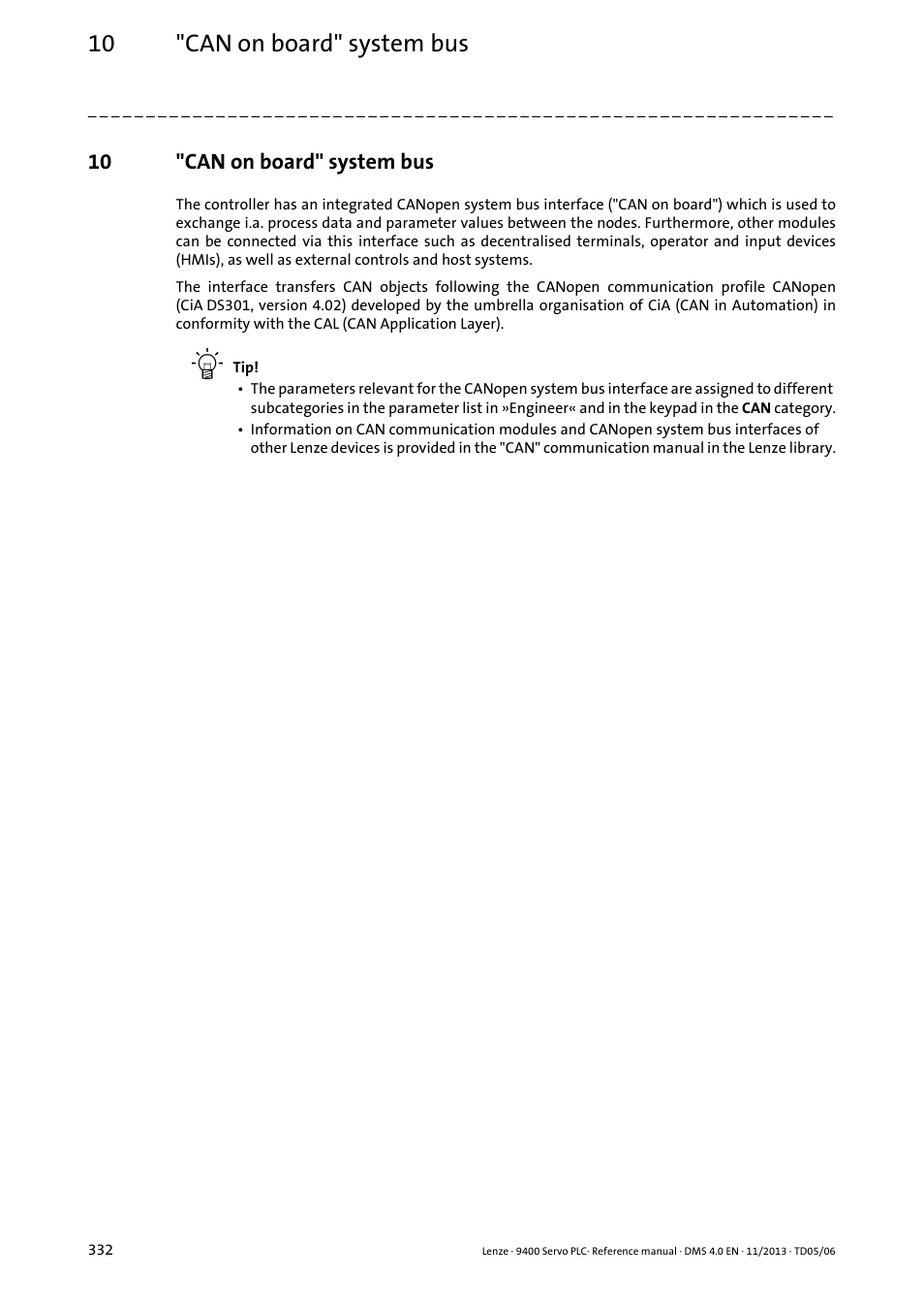 10 "can on board" system bus, Can on board" system bus | Lenze E94AxPExxxx User Manual | Page 332 / 976