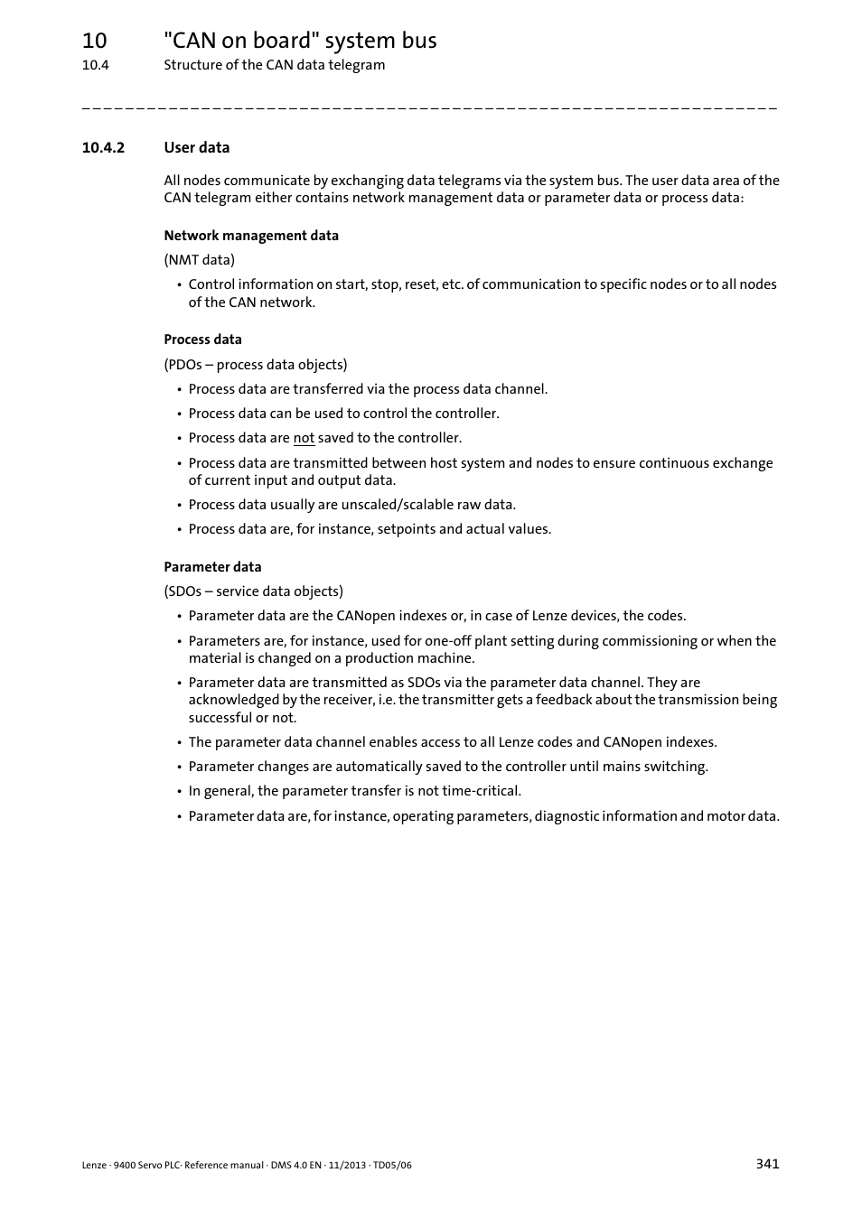 2 user data, 10 "can on board" system bus | Lenze E94AxPExxxx User Manual | Page 341 / 976