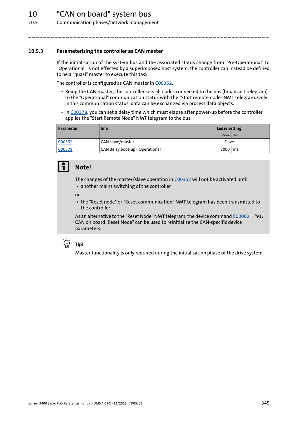 3 parameterising the controller as can master, Parameterising the controller as can master, 10 "can on board" system bus | Lenze E94AxPExxxx User Manual | Page 345 / 976