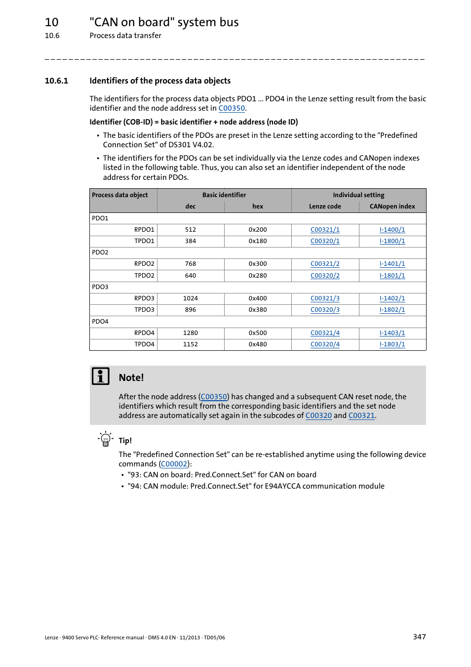 1 identifiers of the process data objects, Identifiers of the process data objects, 10 "can on board" system bus | Lenze E94AxPExxxx User Manual | Page 347 / 976