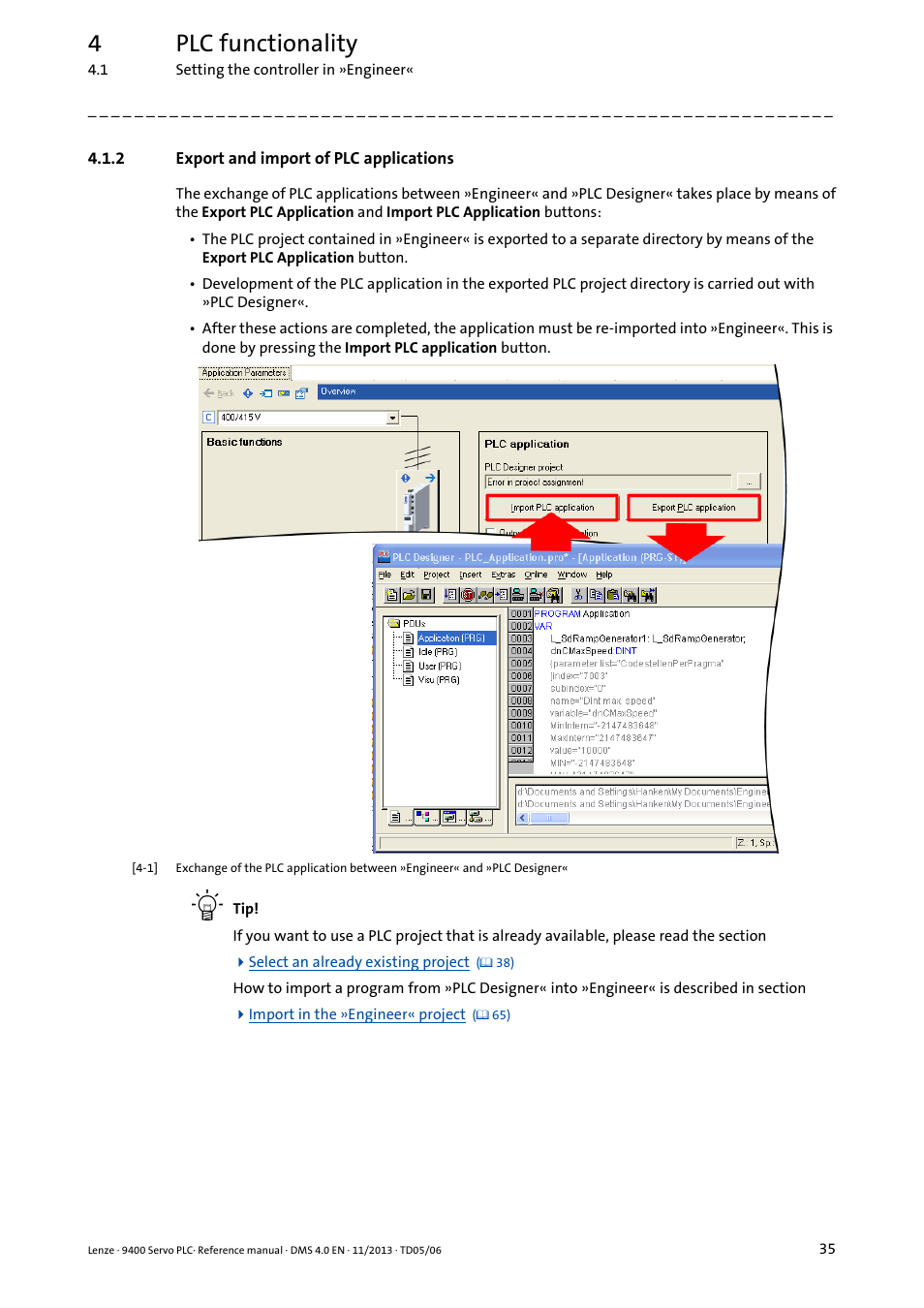 2 export and import of plc applications, Export and import of plc applications, 4plc functionality | Lenze E94AxPExxxx User Manual | Page 35 / 976