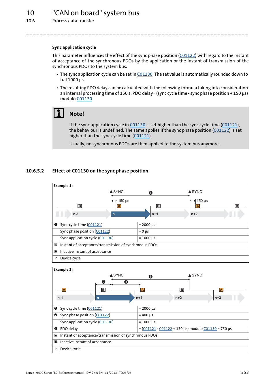 2 effect of c01130 on the sync phase position, Effect of c01130 on the sync phase position, 10 "can on board" system bus | Lenze E94AxPExxxx User Manual | Page 353 / 976