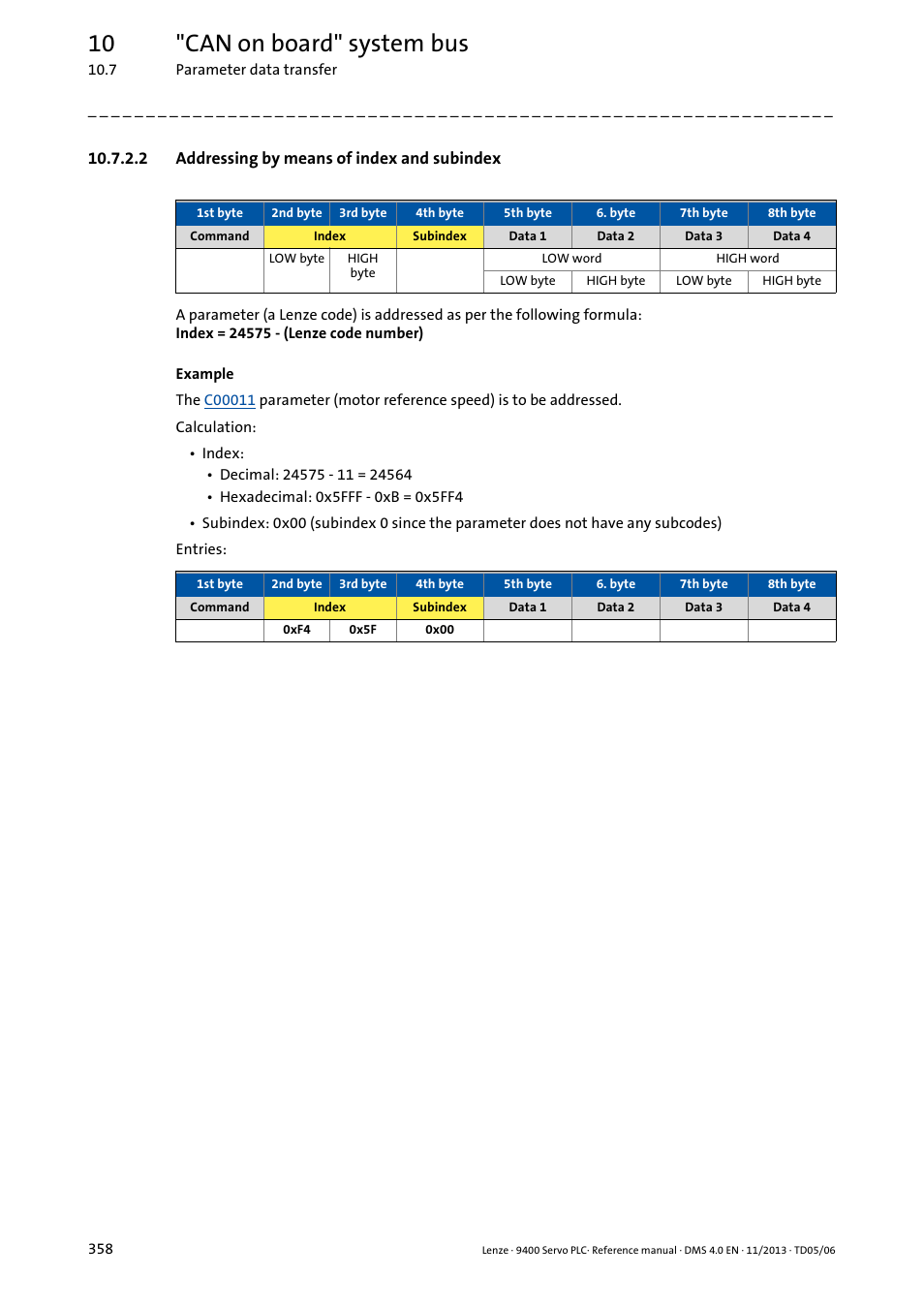 2 addressing by means of index and subindex, Addressing by means of index and subindex, 10 "can on board" system bus | Lenze E94AxPExxxx User Manual | Page 358 / 976