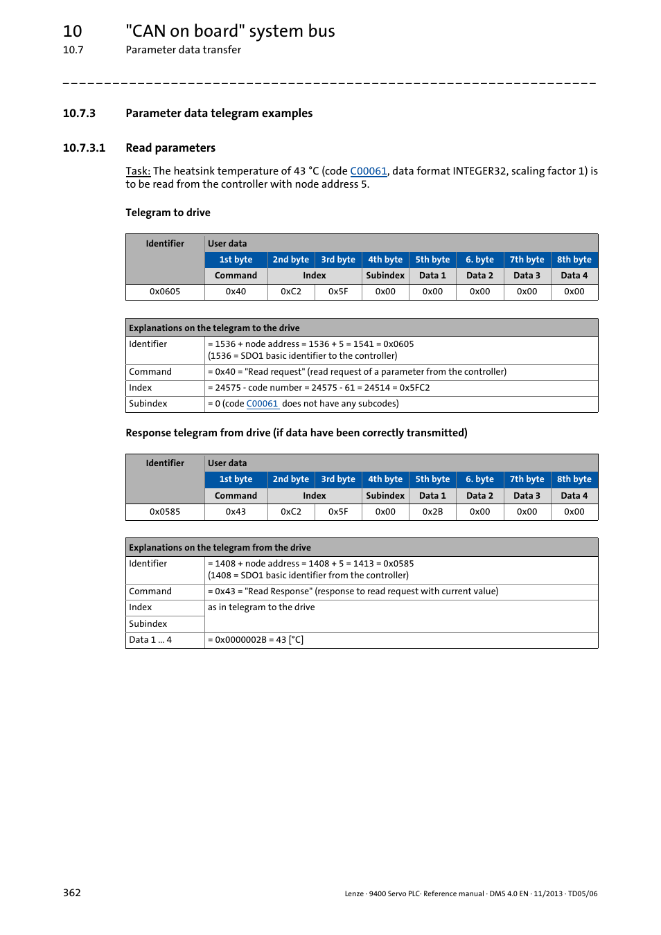 3 parameter data telegram examples, 1 read parameters, Read parameters | Parameter data telegram examples, 10 "can on board" system bus | Lenze E94AxPExxxx User Manual | Page 362 / 976