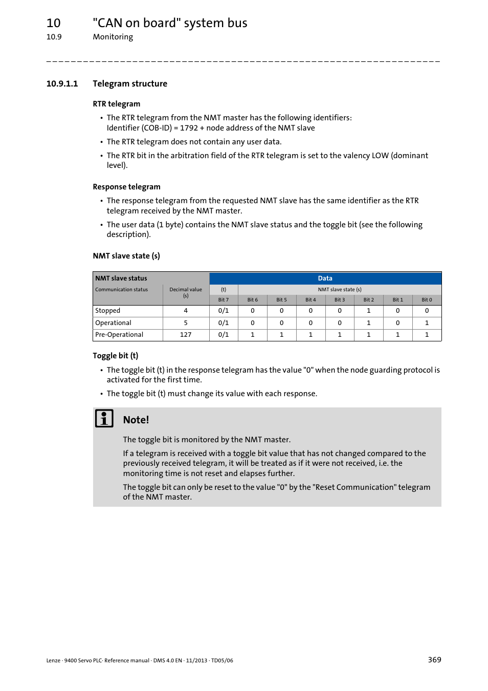 1 telegram structure, Telegram structure, 10 "can on board" system bus | Lenze E94AxPExxxx User Manual | Page 369 / 976