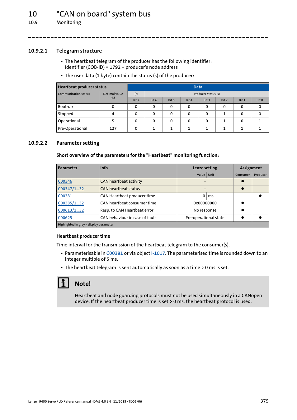 1 telegram structure, 2 parameter setting, Telegram structure | Parameter setting, 10 "can on board" system bus | Lenze E94AxPExxxx User Manual | Page 375 / 976