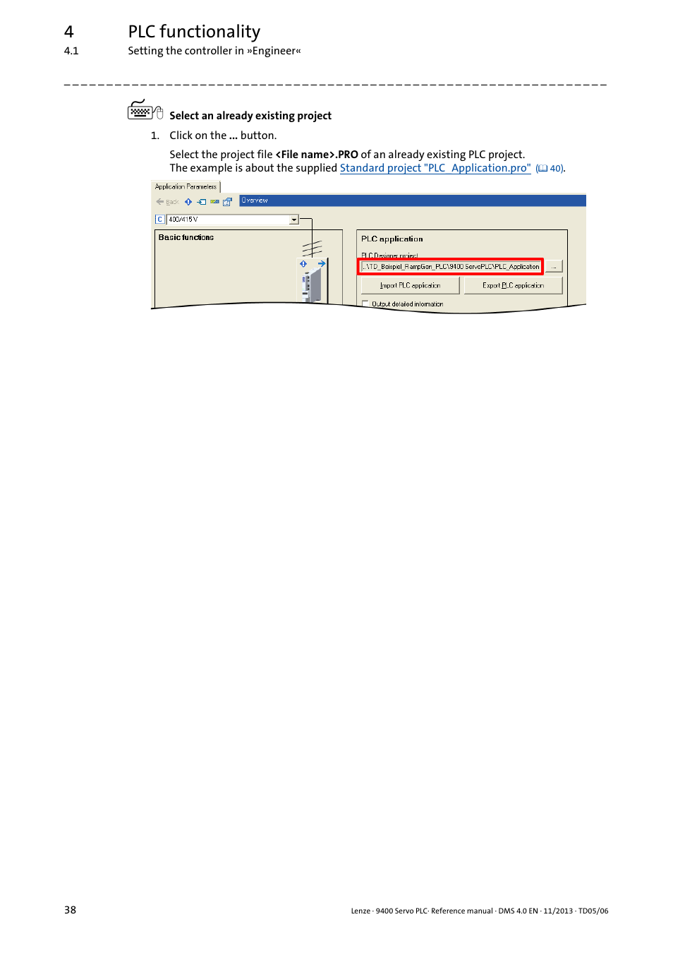 Select an already existing project, 4plc functionality | Lenze E94AxPExxxx User Manual | Page 38 / 976