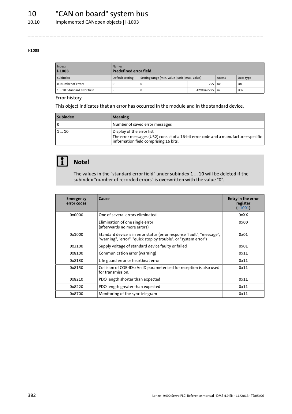 I-1003, 10 "can on board" system bus | Lenze E94AxPExxxx User Manual | Page 382 / 976