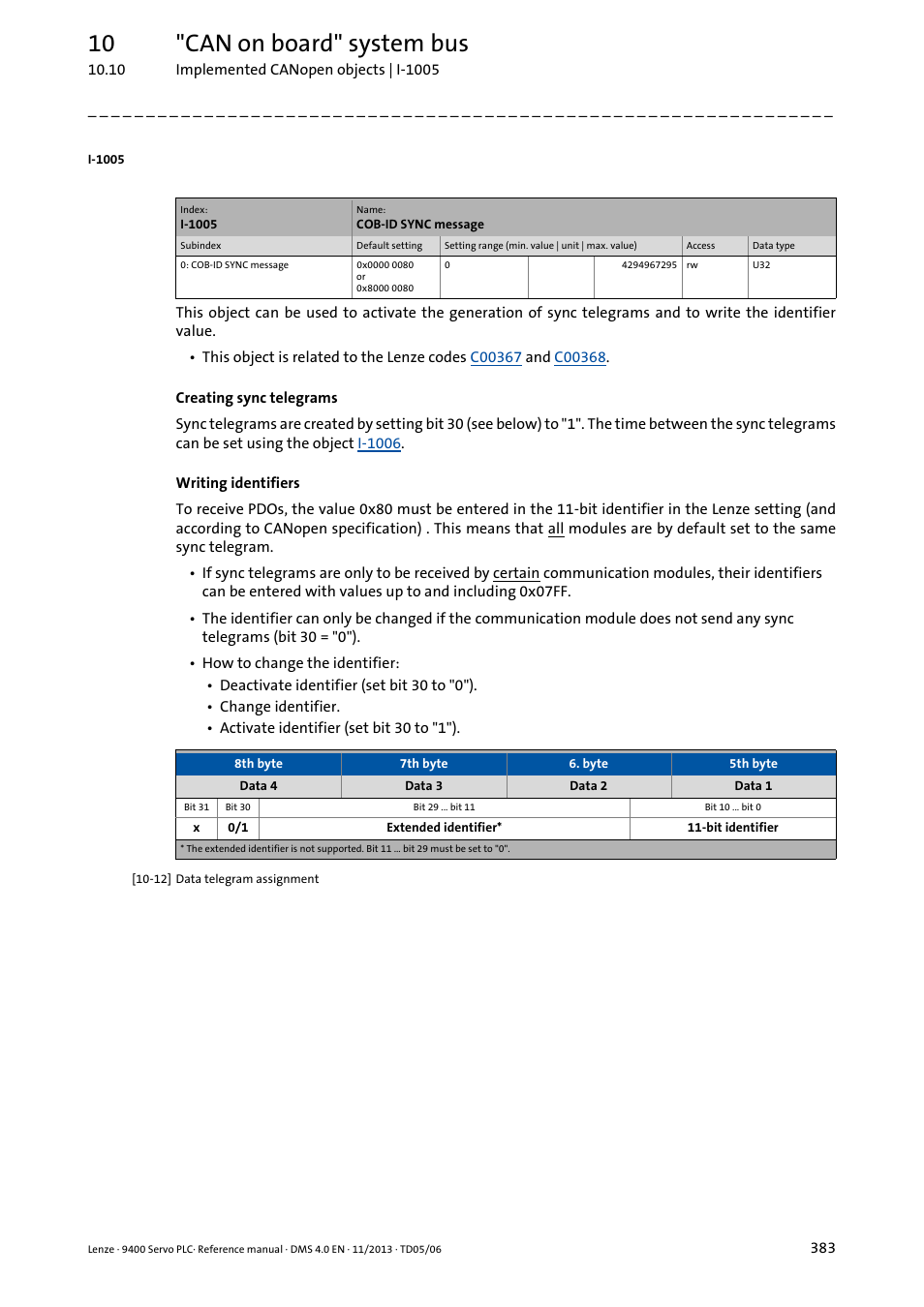 I-1005, 10 "can on board" system bus | Lenze E94AxPExxxx User Manual | Page 383 / 976