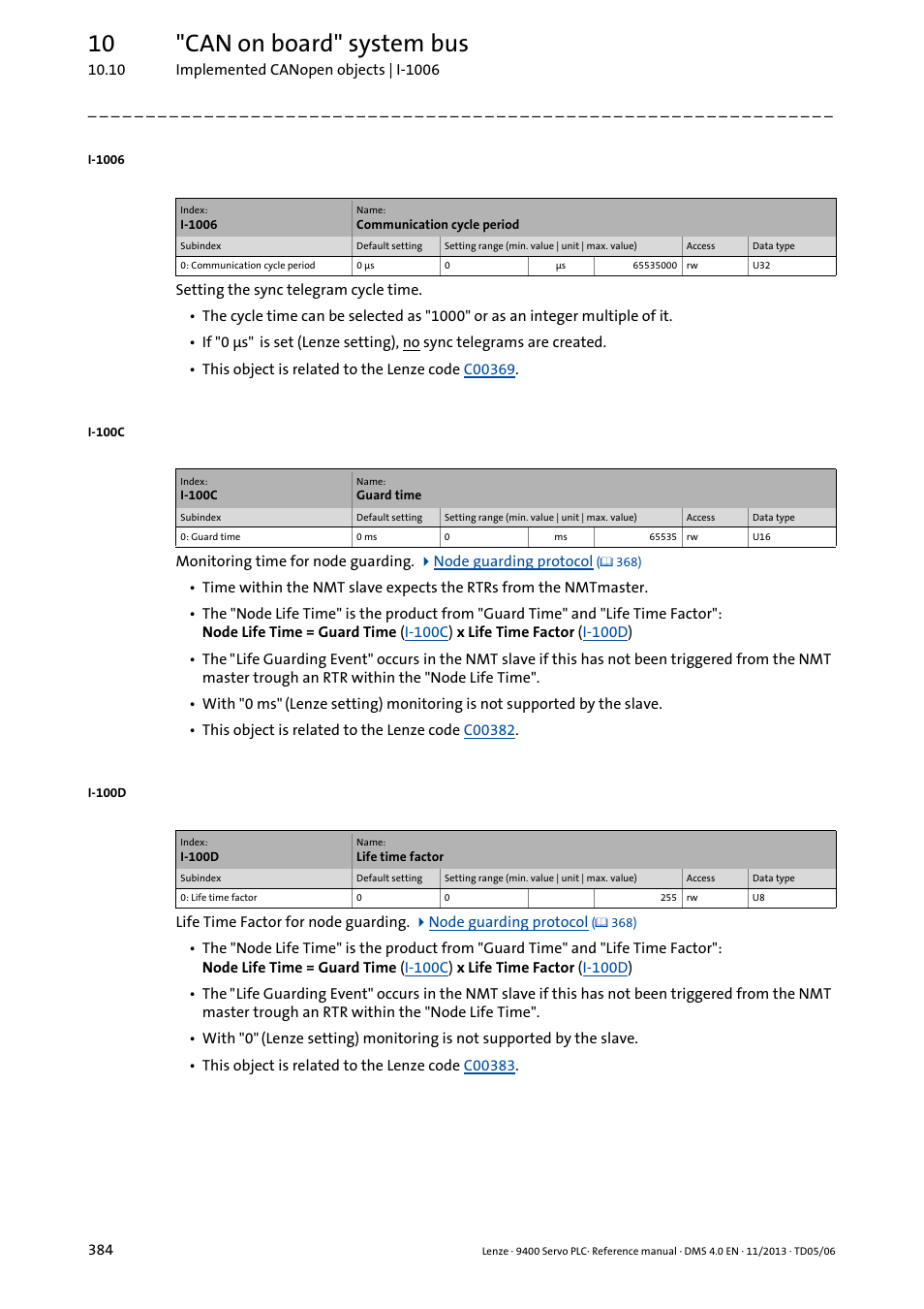 I-1006, I-100c, I-100d | 10 "can on board" system bus | Lenze E94AxPExxxx User Manual | Page 384 / 976