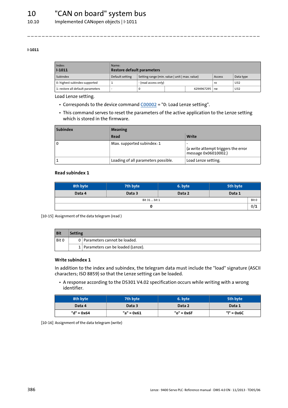 I-1011, 10 "can on board" system bus | Lenze E94AxPExxxx User Manual | Page 386 / 976
