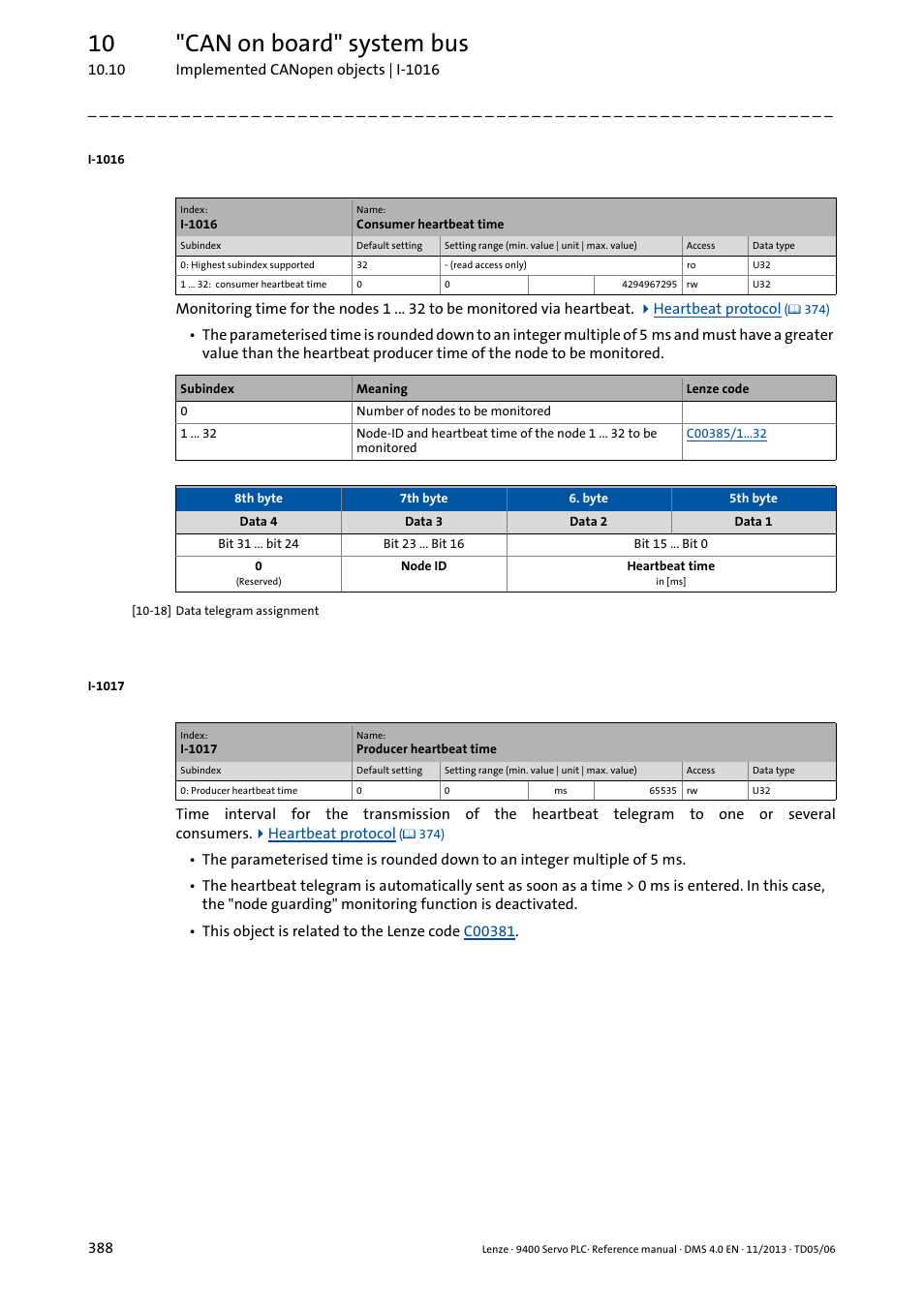 I-1017, The parameterised time, Or via the object | I-1016, 10 "can on board" system bus | Lenze E94AxPExxxx User Manual | Page 388 / 976