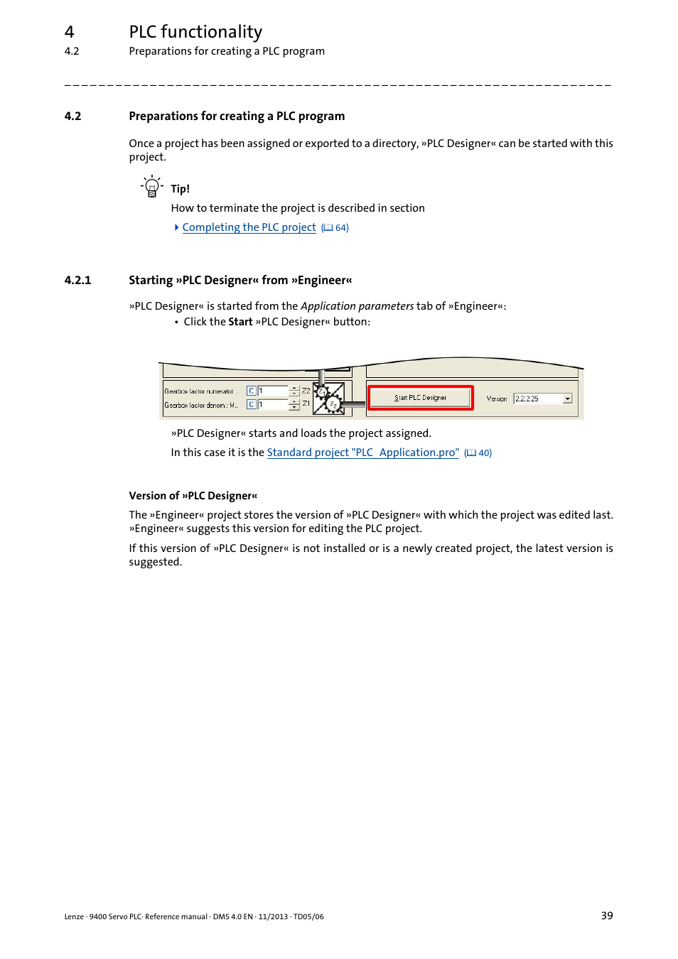 2 preparations for creating a plc program, 1 starting »plc designer« from »engineer, Preparations for creating a plc program | Starting »plc designer« from »engineer, 4plc functionality | Lenze E94AxPExxxx User Manual | Page 39 / 976