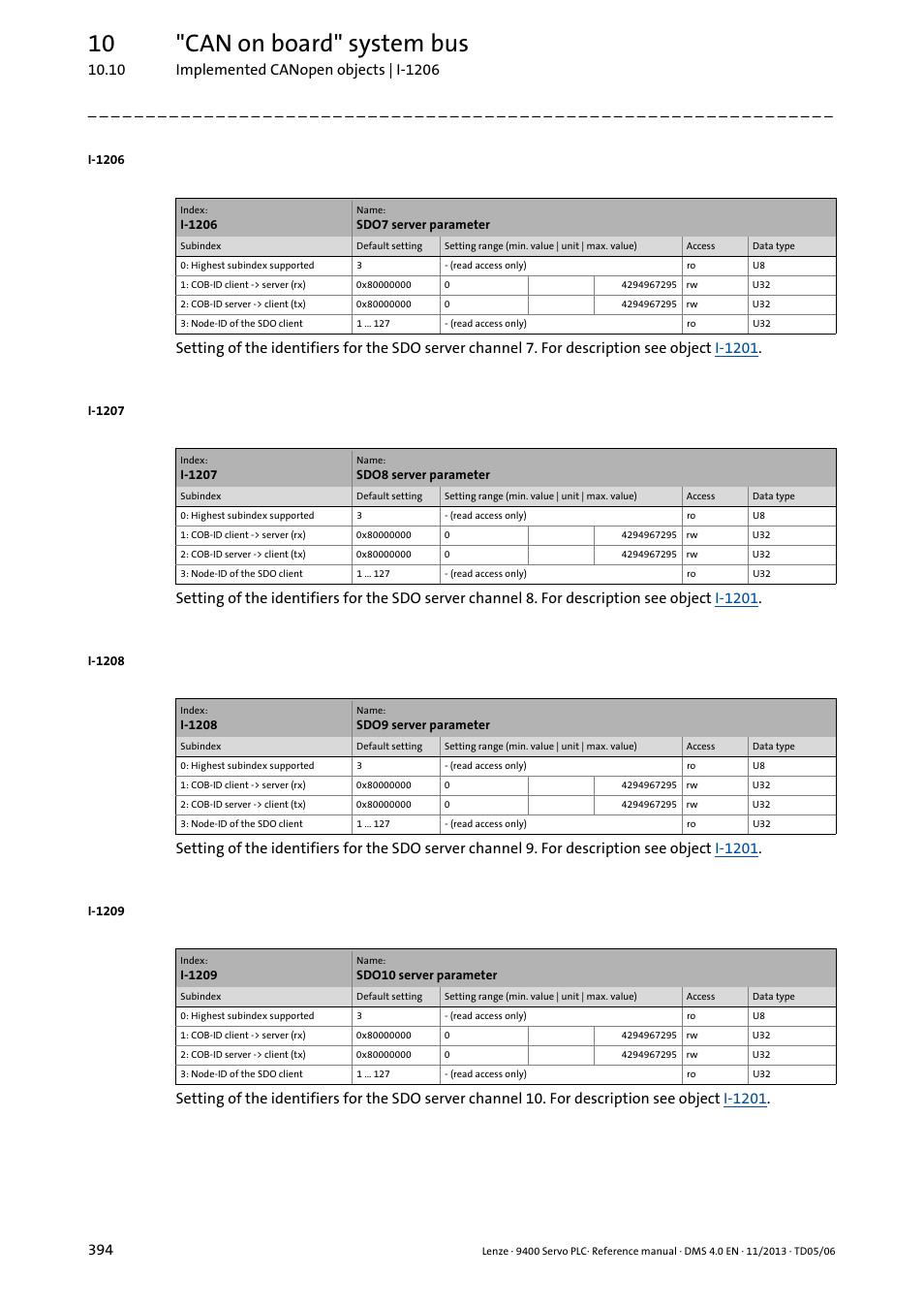 I-1209, 10 "can on board" system bus | Lenze E94AxPExxxx User Manual | Page 394 / 976