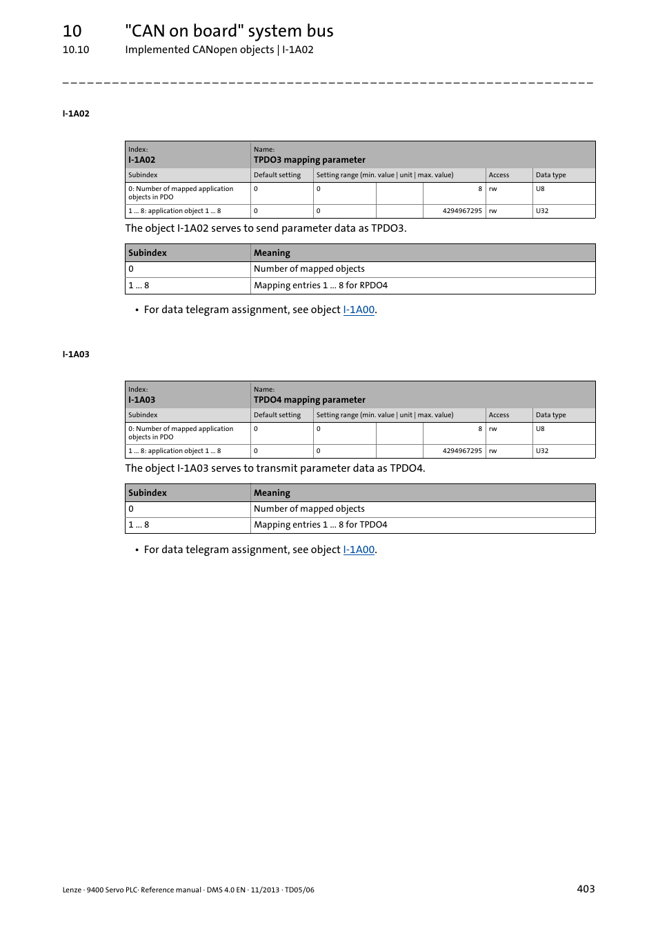 I-1a03, 10 "can on board" system bus | Lenze E94AxPExxxx User Manual | Page 403 / 976