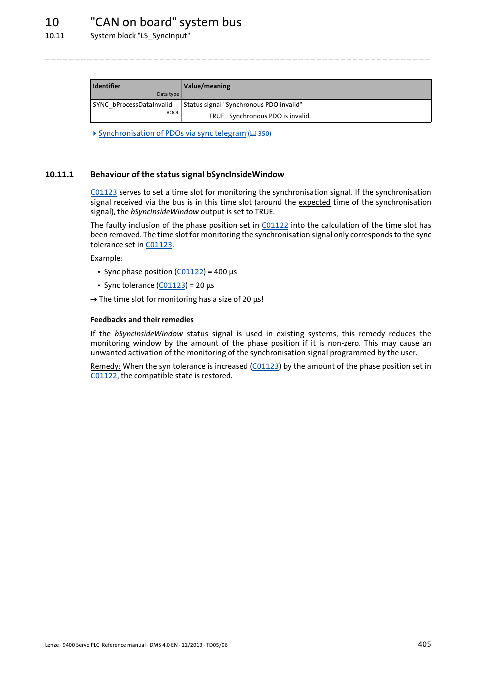 1 behaviour of the status signal bsyncinsidewindow, Behaviour of the status signal bsyncinsidewindow, 10 "can on board" system bus | Lenze E94AxPExxxx User Manual | Page 405 / 976
