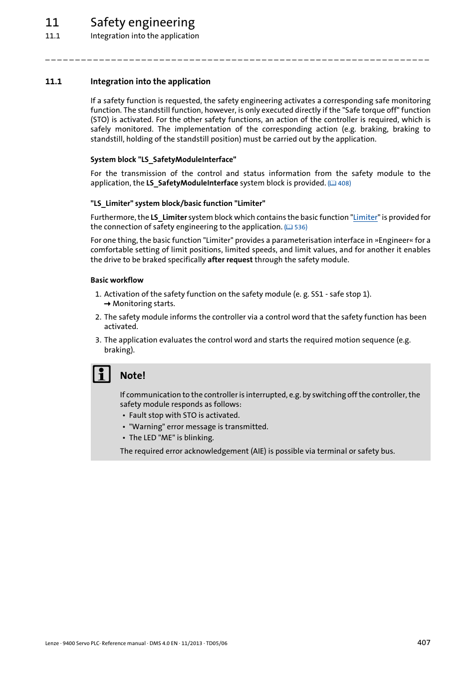 1 integration into the application, 11 safety engineering | Lenze E94AxPExxxx User Manual | Page 407 / 976
