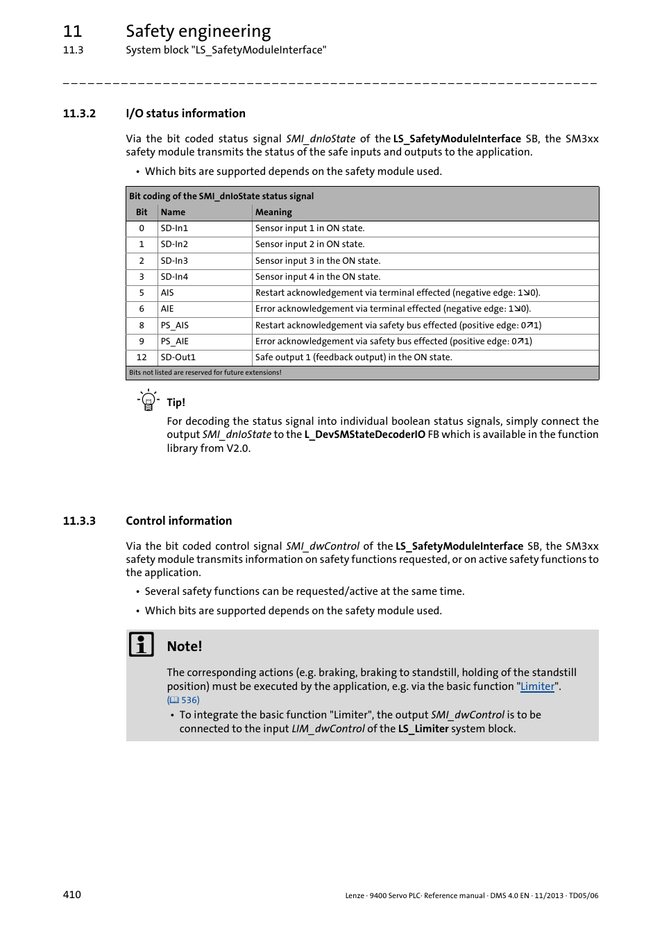 2 i/o status information, 3 control information, I/o status information ( 410) | Control information ( 410), 11 safety engineering | Lenze E94AxPExxxx User Manual | Page 410 / 976