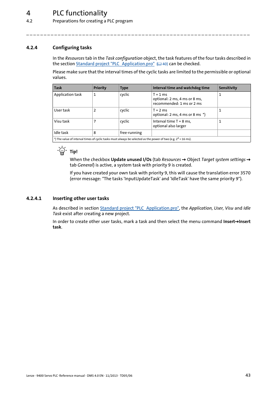 4 configuring tasks, 1 inserting other user tasks, Configuring tasks | Inserting other user tasks, 4plc functionality | Lenze E94AxPExxxx User Manual | Page 43 / 976