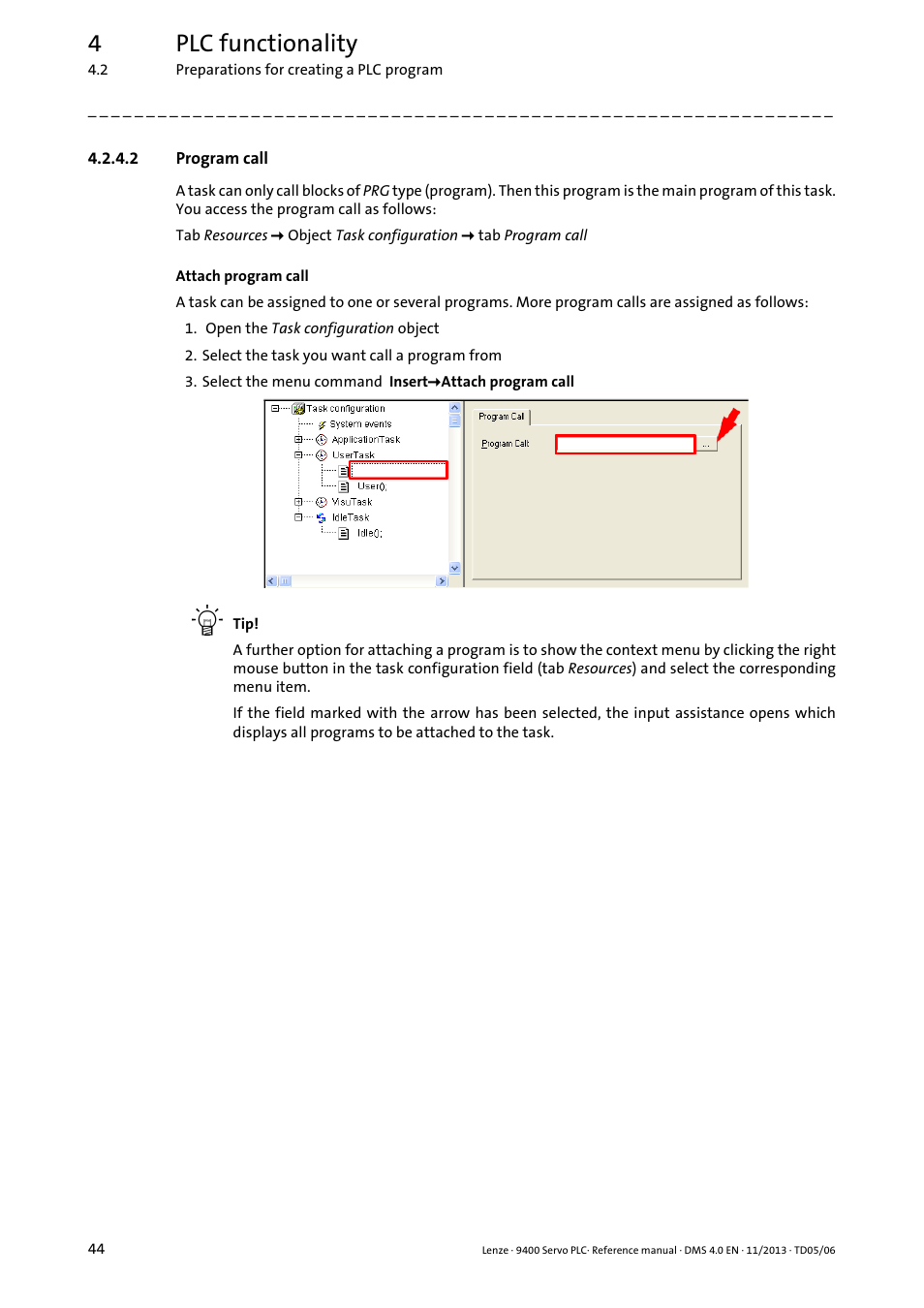 2 program call, Program call, 4plc functionality | Lenze E94AxPExxxx User Manual | Page 44 / 976