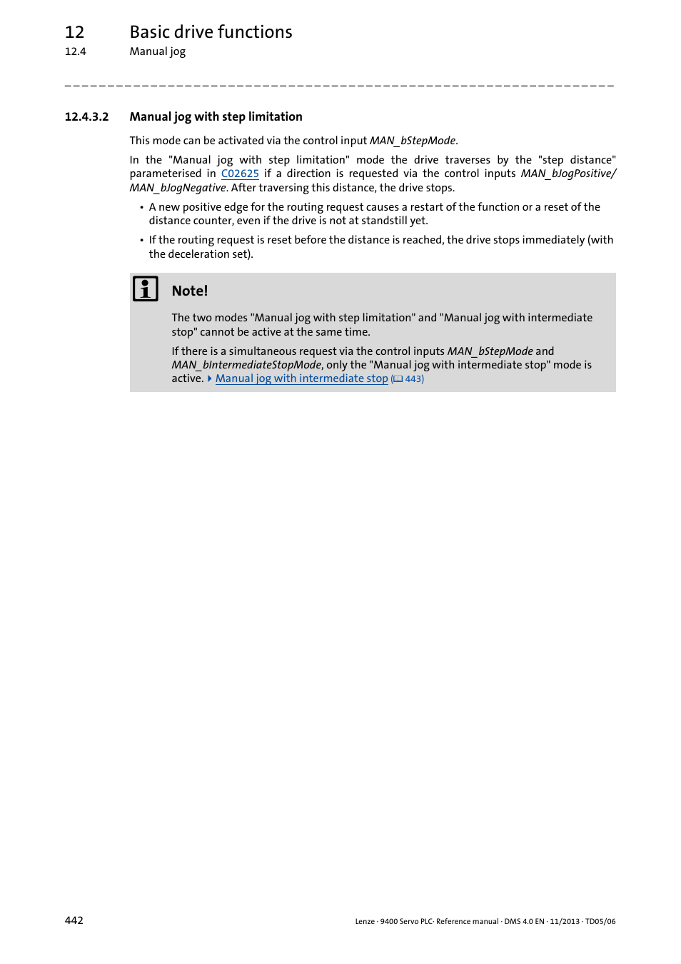 2 manual jog with step limitation, Manual jog with step limitation, Manual jog with step limitation ( 442) | 12 basic drive functions | Lenze E94AxPExxxx User Manual | Page 442 / 976