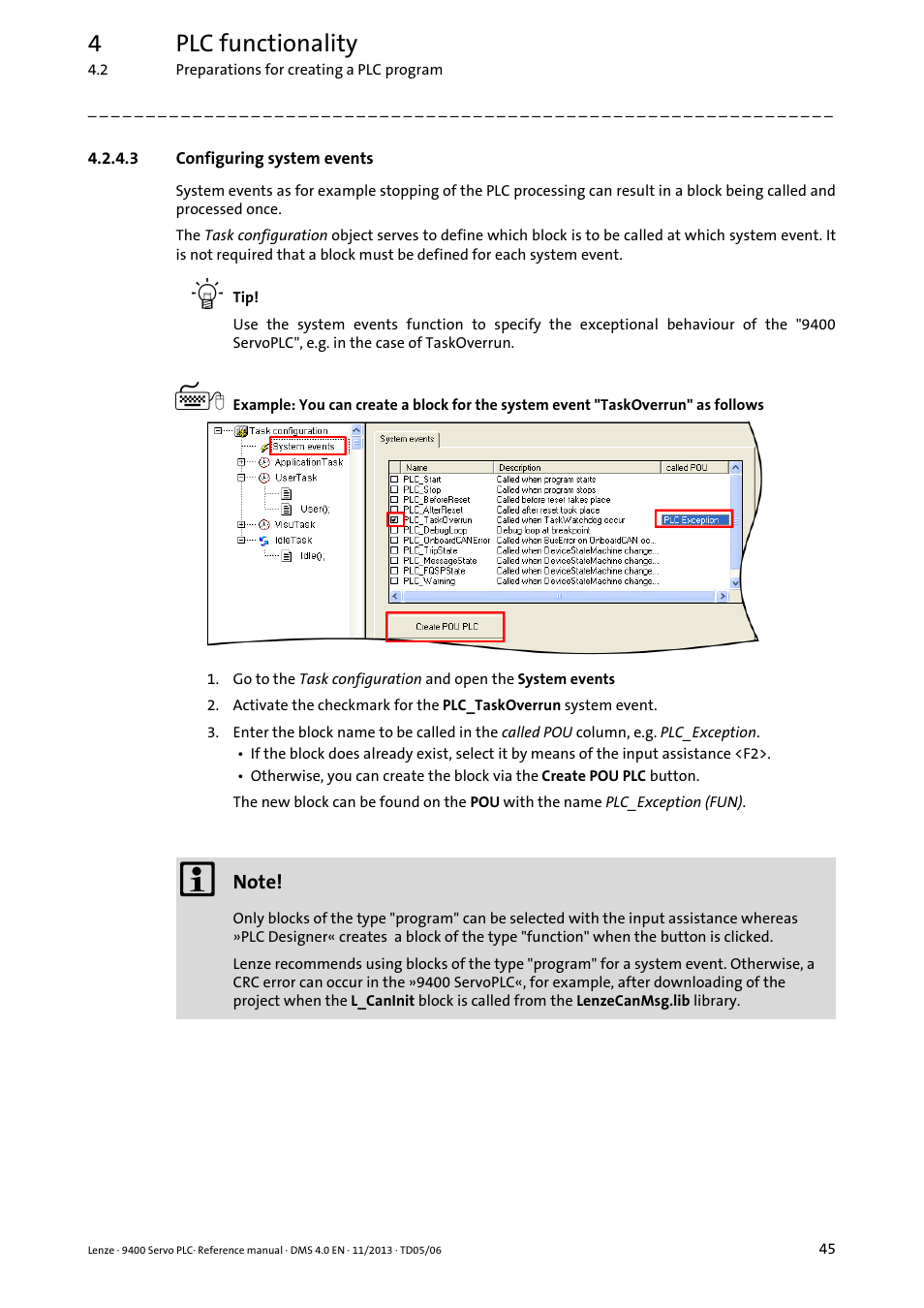 3 configuring system events, Configuring system events, 4plc functionality | Lenze E94AxPExxxx User Manual | Page 45 / 976