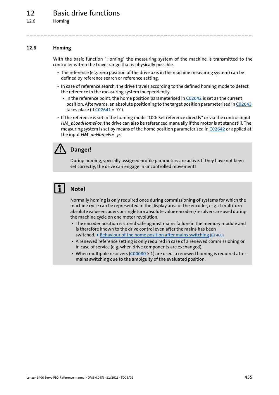 6 homing, Homing, Homing ( 455) | 12 basic drive functions | Lenze E94AxPExxxx User Manual | Page 455 / 976