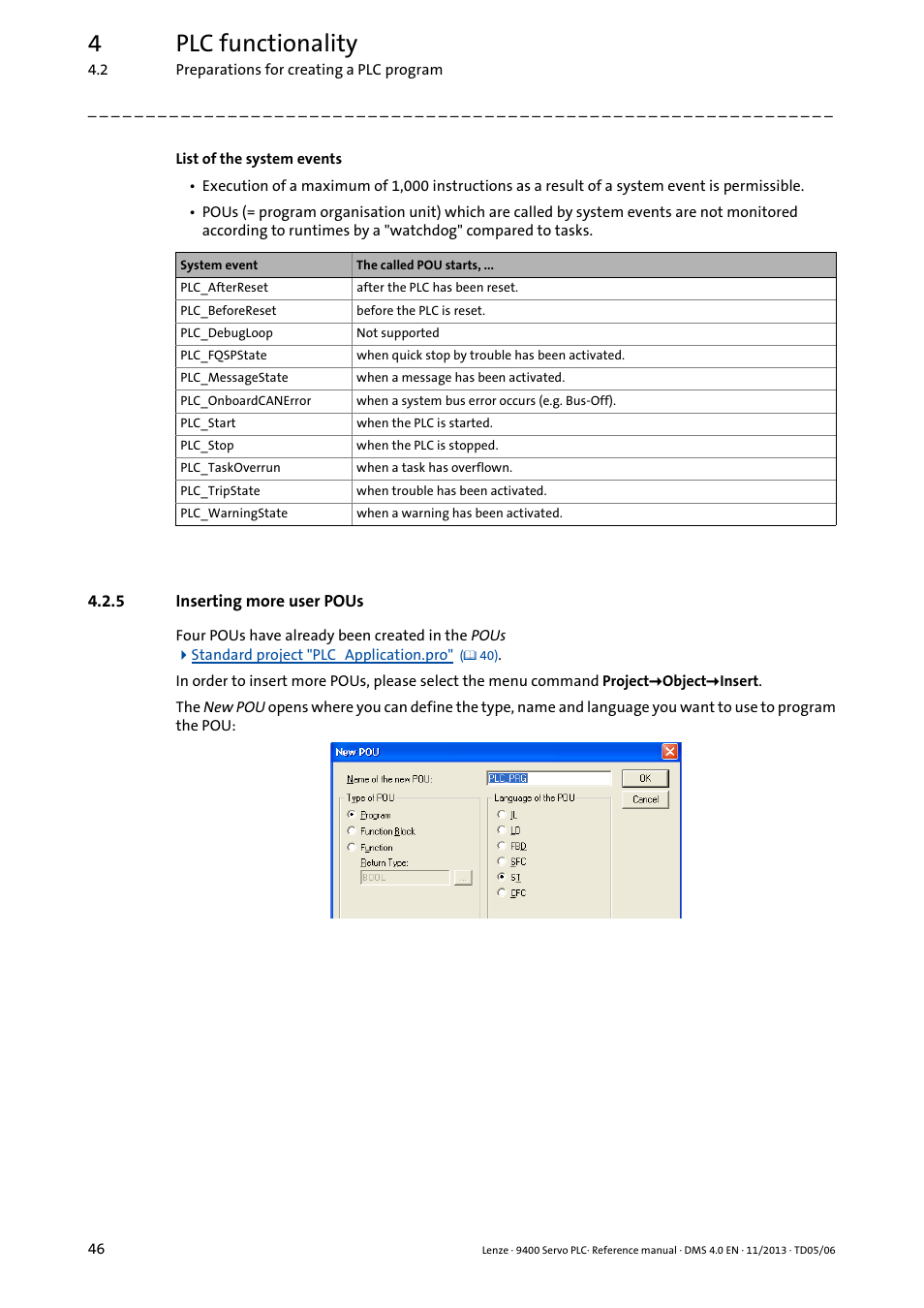 5 inserting more user pous, Inserting more user pous, 4plc functionality | Lenze E94AxPExxxx User Manual | Page 46 / 976