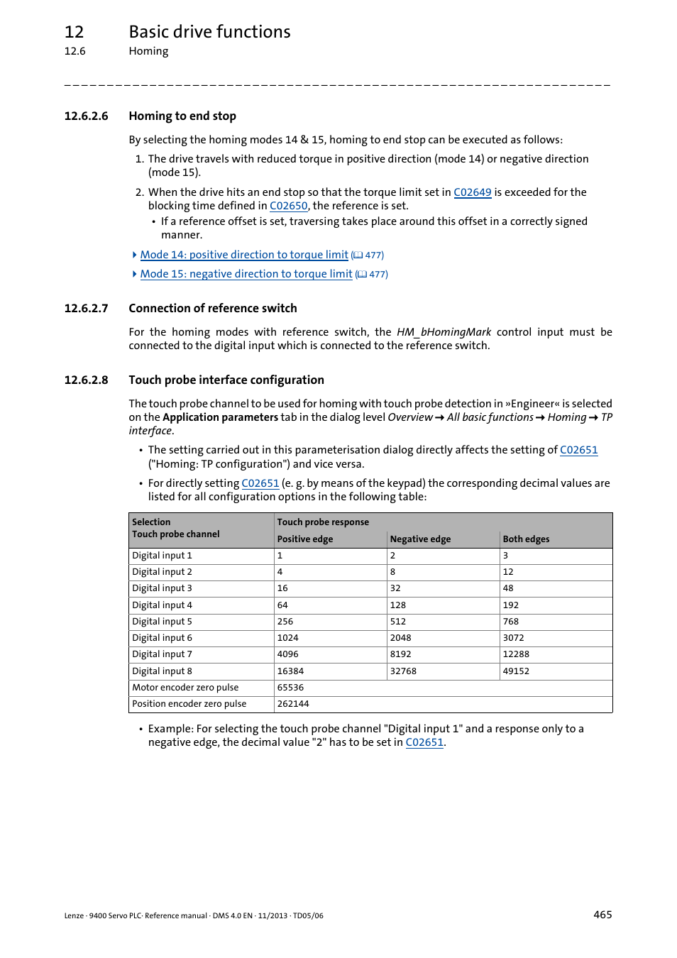 6 homing to end stop, 7 connection of reference switch, 8 touch probe interface configuration | Homing to end stop, Connection of reference switch, Touch probe interface configuration, 12 basic drive functions | Lenze E94AxPExxxx User Manual | Page 465 / 976