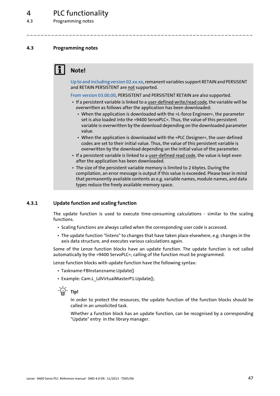 3 programming notes, 1 update function and scaling function, Programming notes | Update function and scaling function, 4plc functionality | Lenze E94AxPExxxx User Manual | Page 47 / 976
