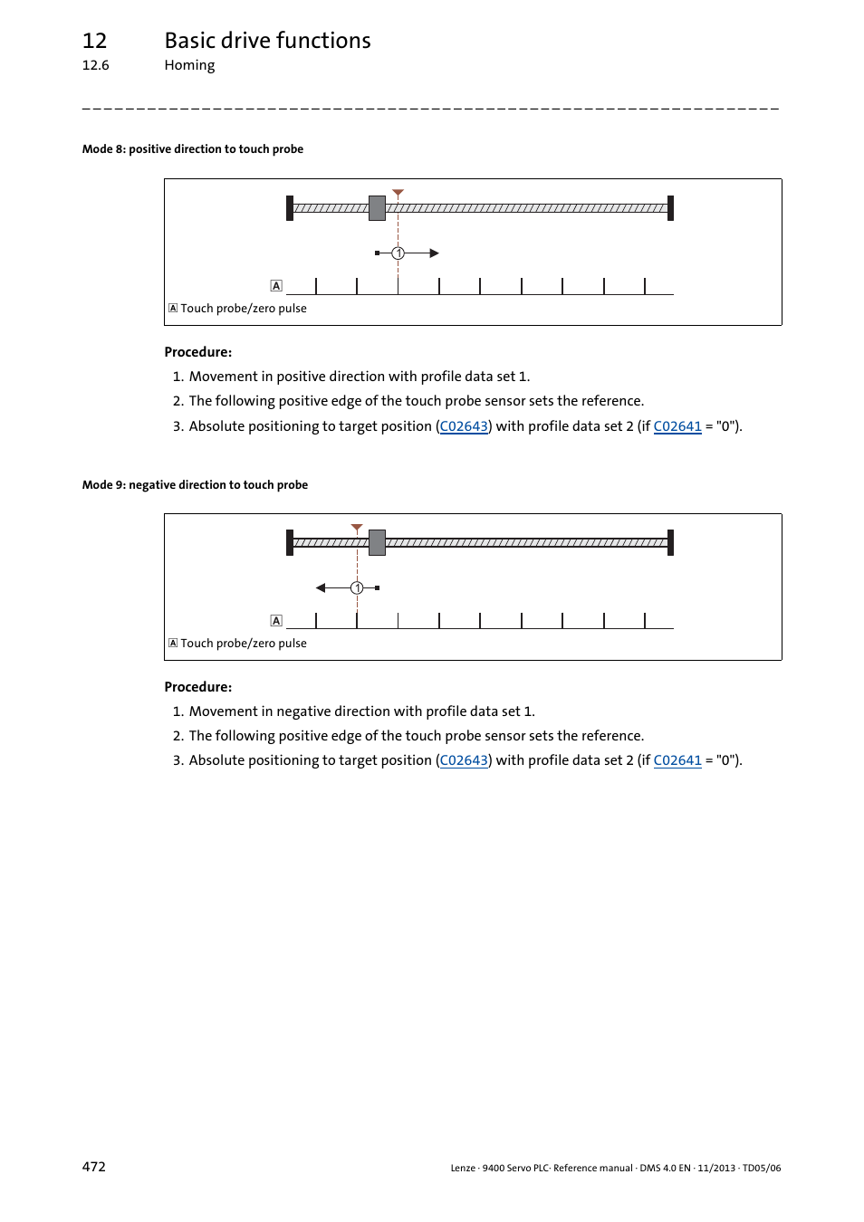 Mode 8: positive direction to touch probe, Mode 9: negative direction to touch probe, 12 basic drive functions | Lenze E94AxPExxxx User Manual | Page 472 / 976