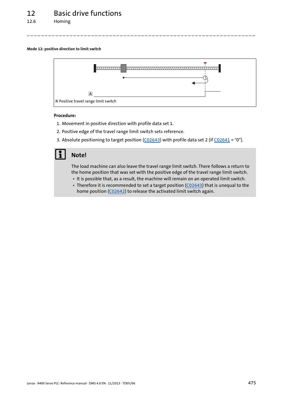 Mode 12: positive direction to limit switch, 12 basic drive functions | Lenze E94AxPExxxx User Manual | Page 475 / 976