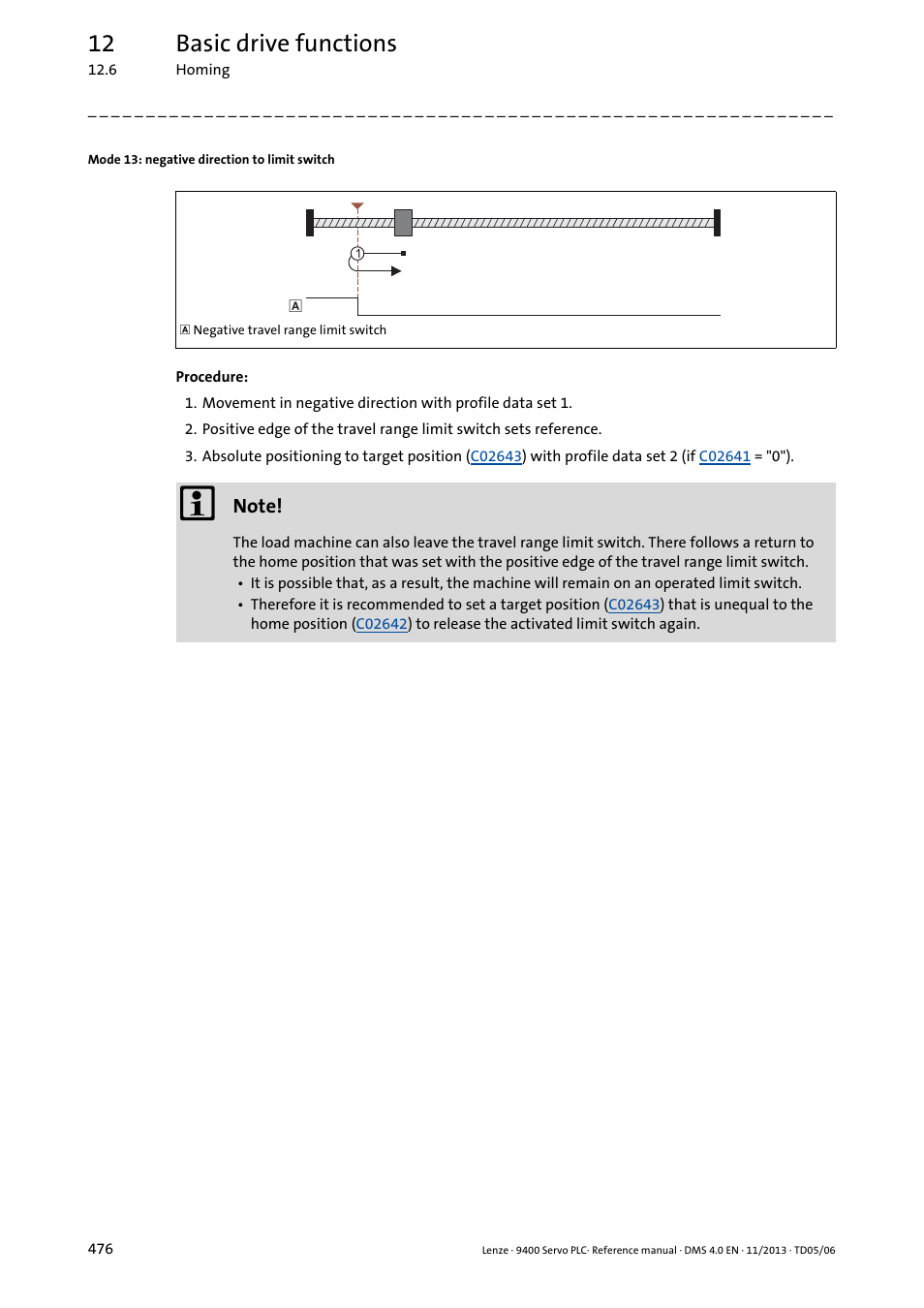 Mode 13: negative direction to limit switch, 12 basic drive functions | Lenze E94AxPExxxx User Manual | Page 476 / 976