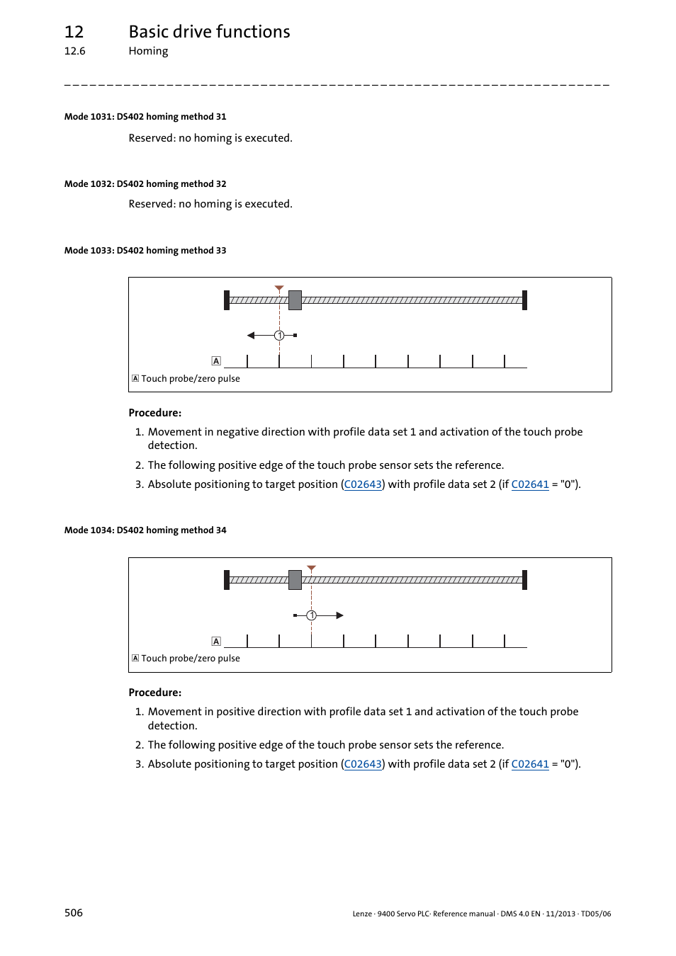Mode 1031: ds402 homing method 31, Mode 1032: ds402 homing method 32, Mode 1033: ds402 homing method 33 | Mode 1034: ds402 homing method 34, 12 basic drive functions | Lenze E94AxPExxxx User Manual | Page 506 / 976