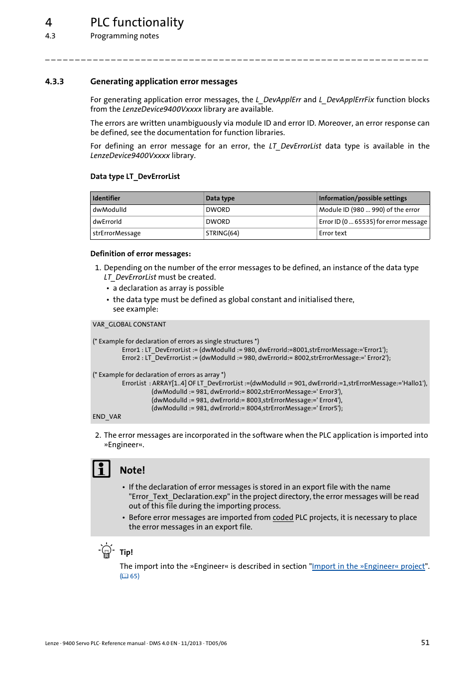 3 generating application error messages, Generating application error messages, 4plc functionality | Lenze E94AxPExxxx User Manual | Page 51 / 976