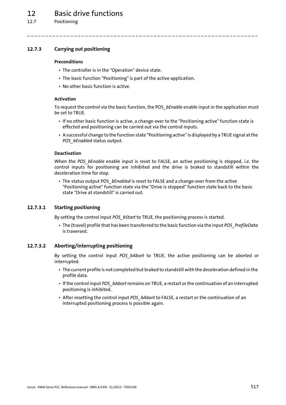 3 carrying out positioning, 1 starting positioning, 2 aborting/interrupting positioning | Starting positioning, Aborting/interrupting positioning, 12 basic drive functions | Lenze E94AxPExxxx User Manual | Page 517 / 976