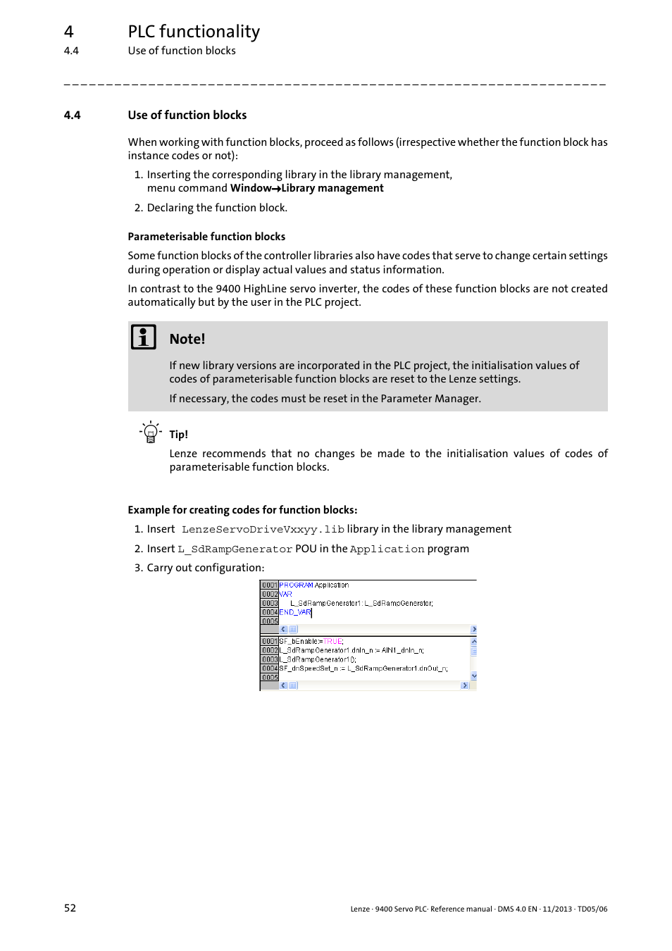 4 use of function blocks, Use of function blocks, 4plc functionality | Lenze E94AxPExxxx User Manual | Page 52 / 976