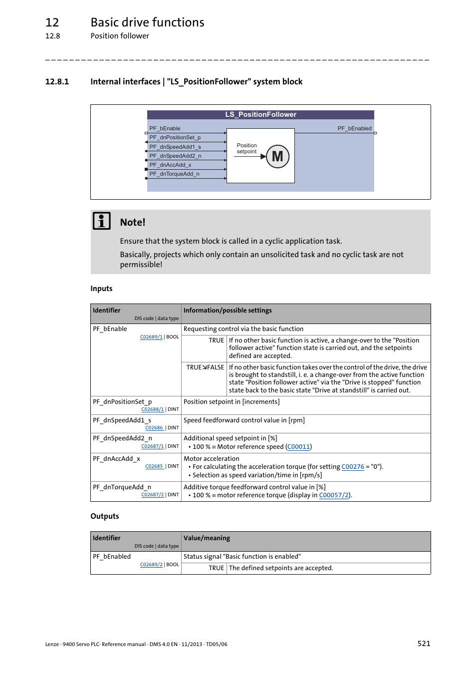 Position follower, 12 basic drive functions | Lenze E94AxPExxxx User Manual | Page 521 / 976