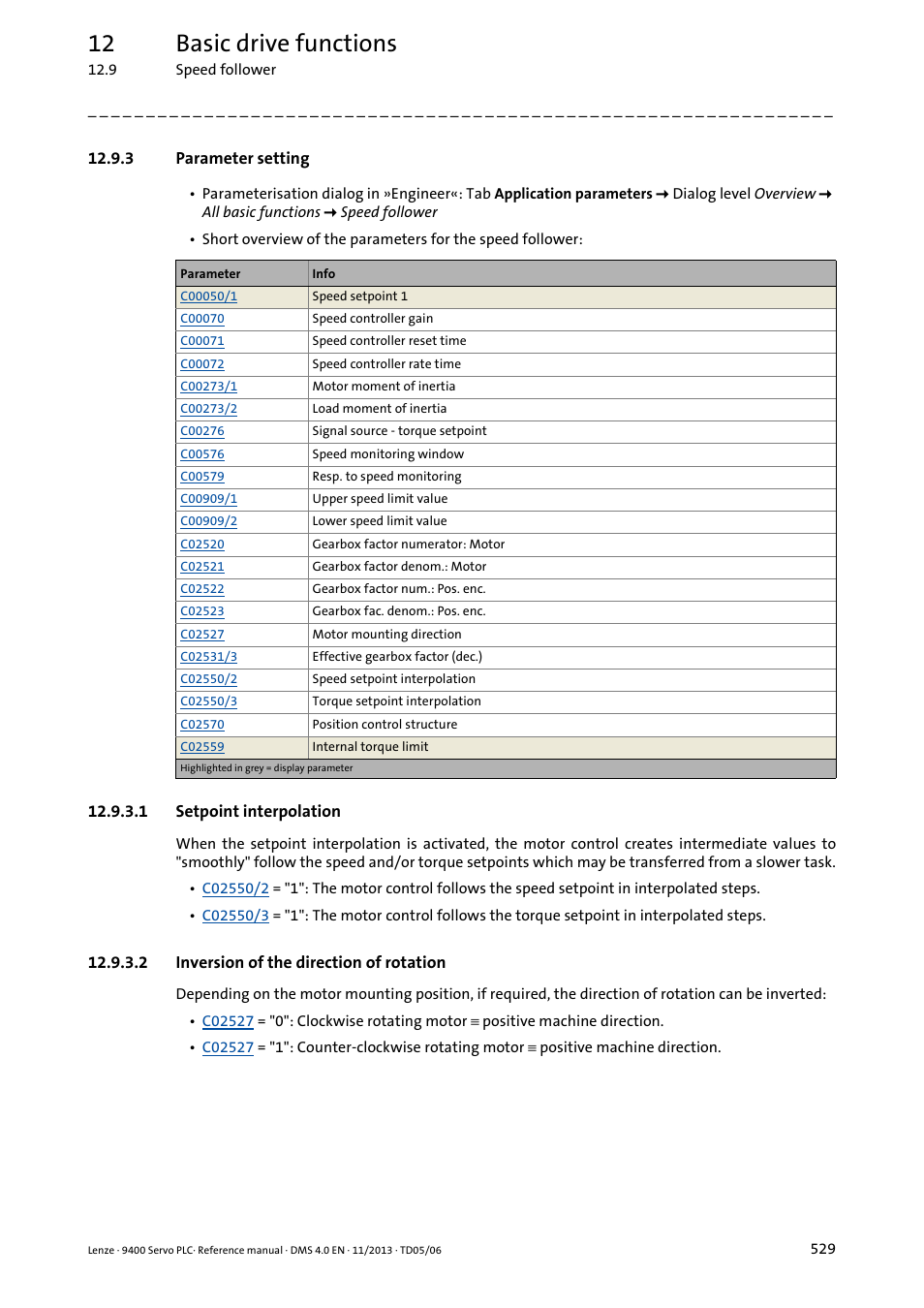 3 parameter setting, 1 setpoint interpolation, 2 inversion of the direction of rotation | Setpoint interpolation, Inversion of the direction of rotation, 12 basic drive functions | Lenze E94AxPExxxx User Manual | Page 529 / 976
